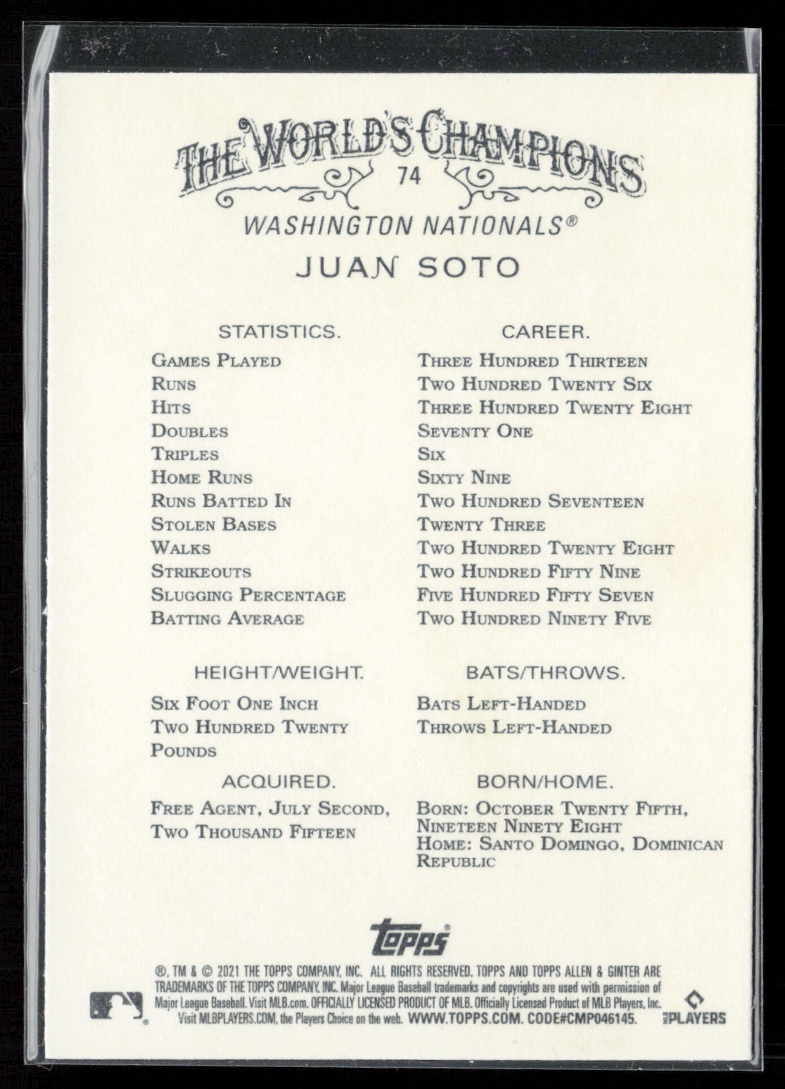 2021 Topps Allen & Ginter #74 Juan Soto