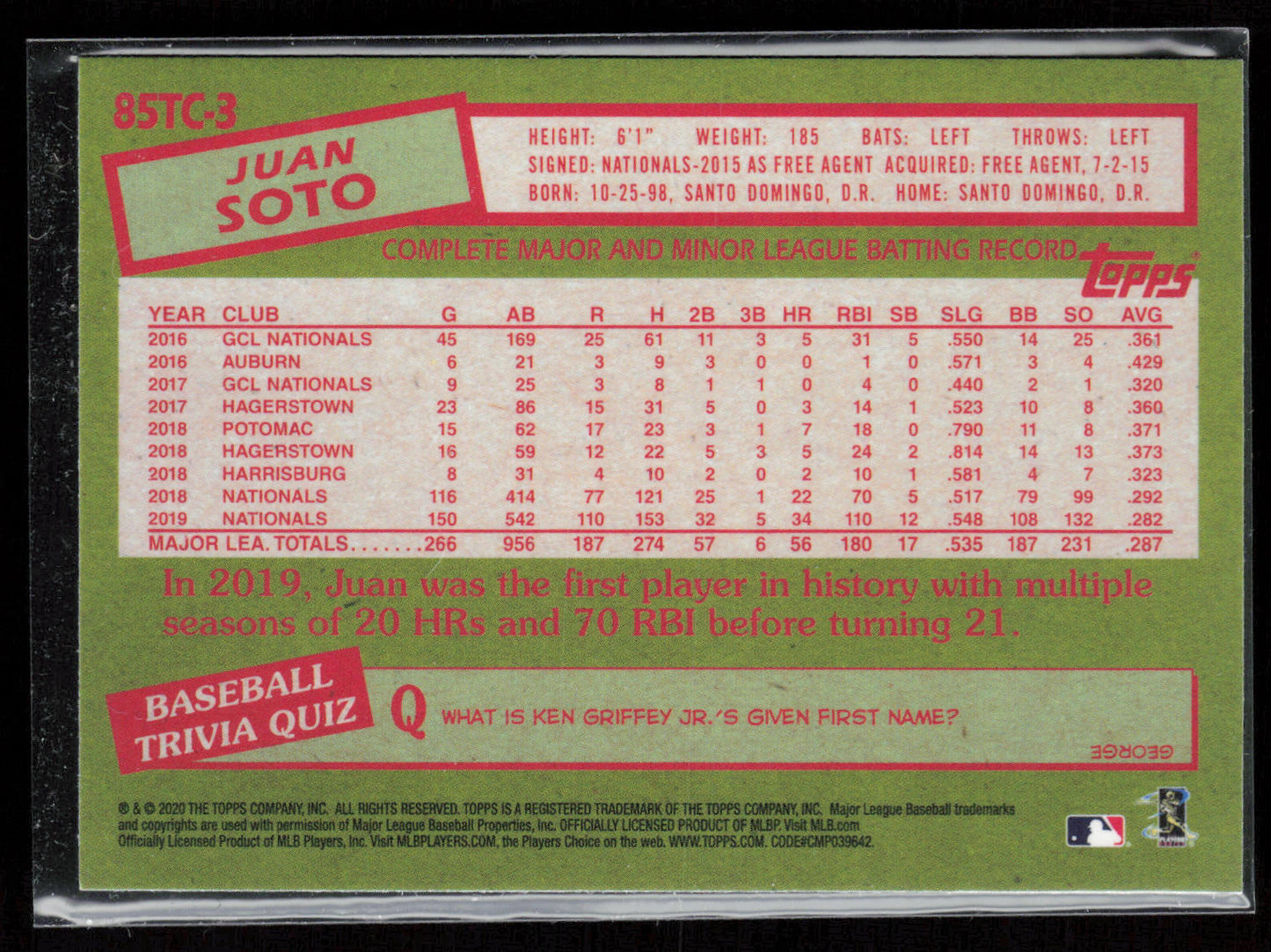 2020 Topps Chrome #85TC-3 Juan Soto 1985 Topps Baseball