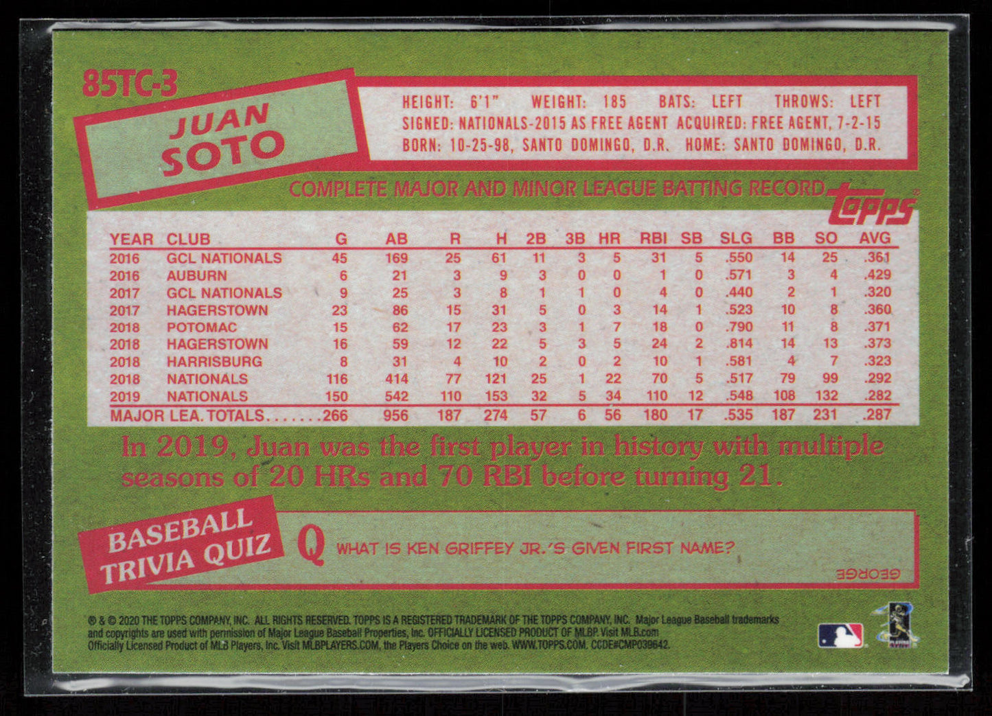 2020 Topps Chrome #85TC-3 Juan Soto 1985 Topps Baseball