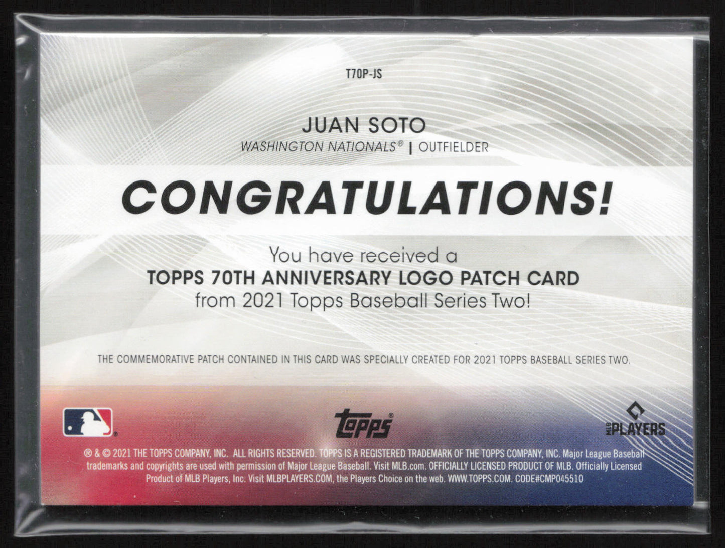 2021 Topps #T70P-JS Juan Soto 70th Anniversary Logo Patch (Series 2)