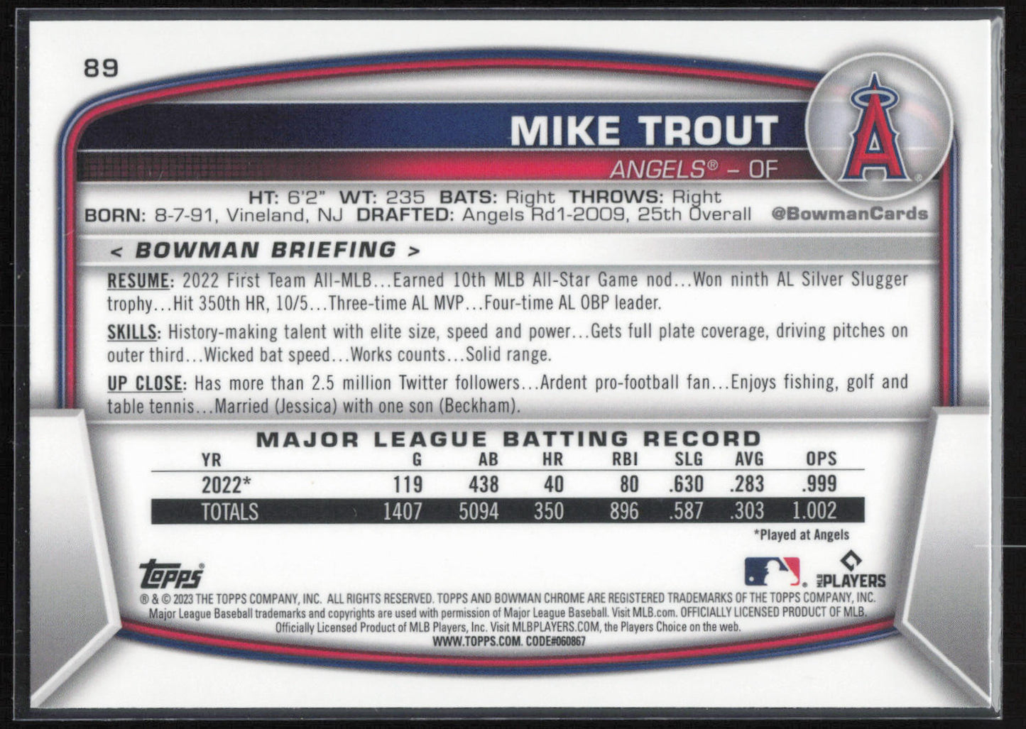 2023 Bowman #89 Mike Trout Mojo Refractors