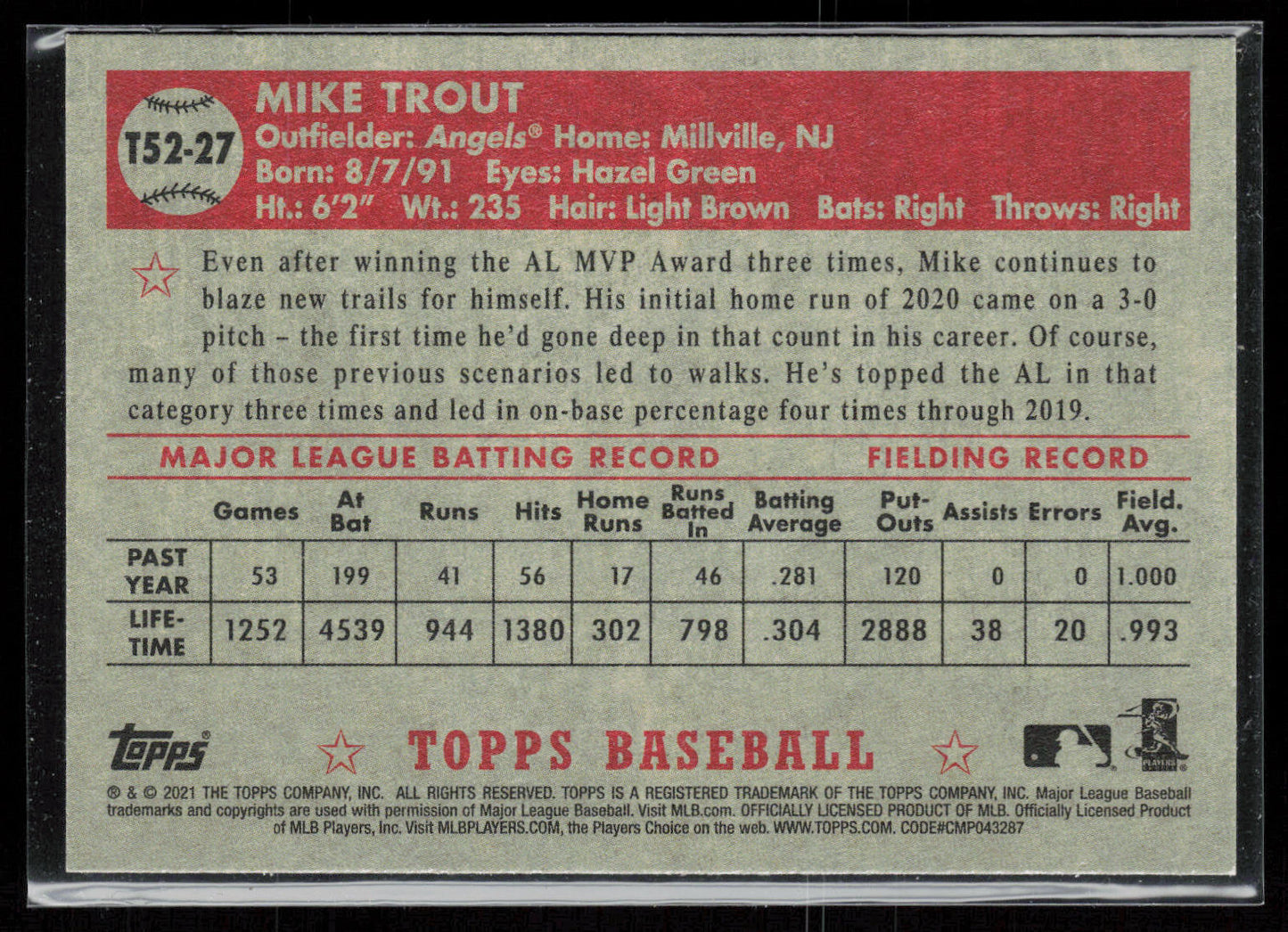 2021 Topps #T52-27 Mike Trout 1952 Topps Redux
