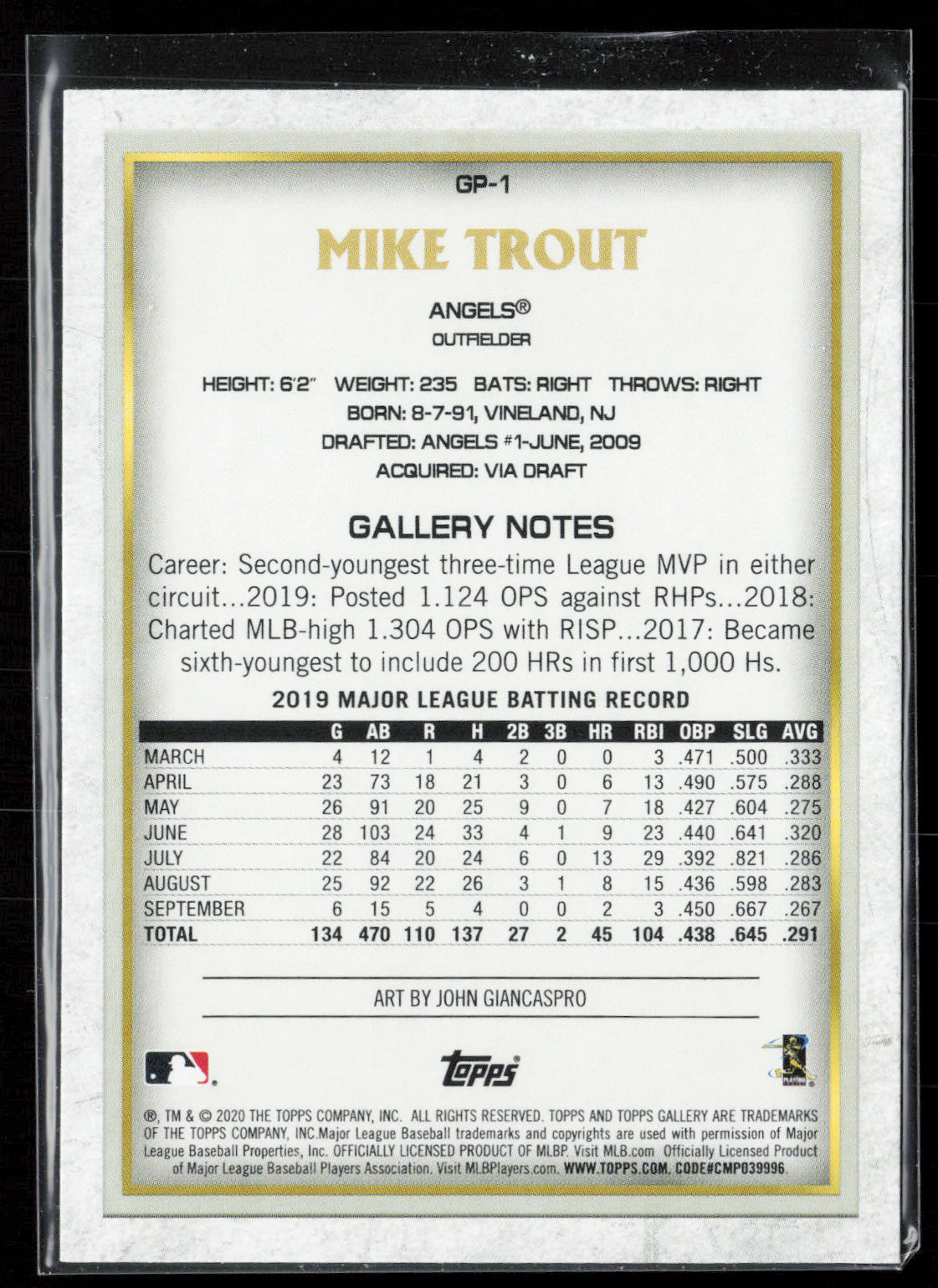 2020 Topps Chrome #GP-1 Mike Trout Topps Gallery NBCD Preview