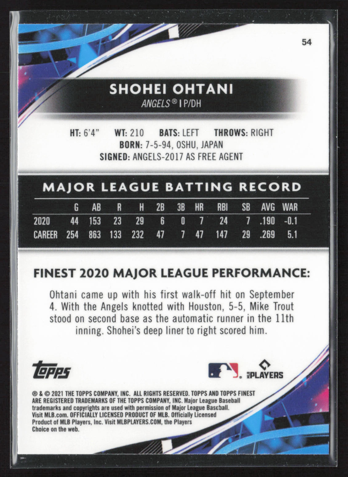 2021 Finest #54 Shohei Ohtani