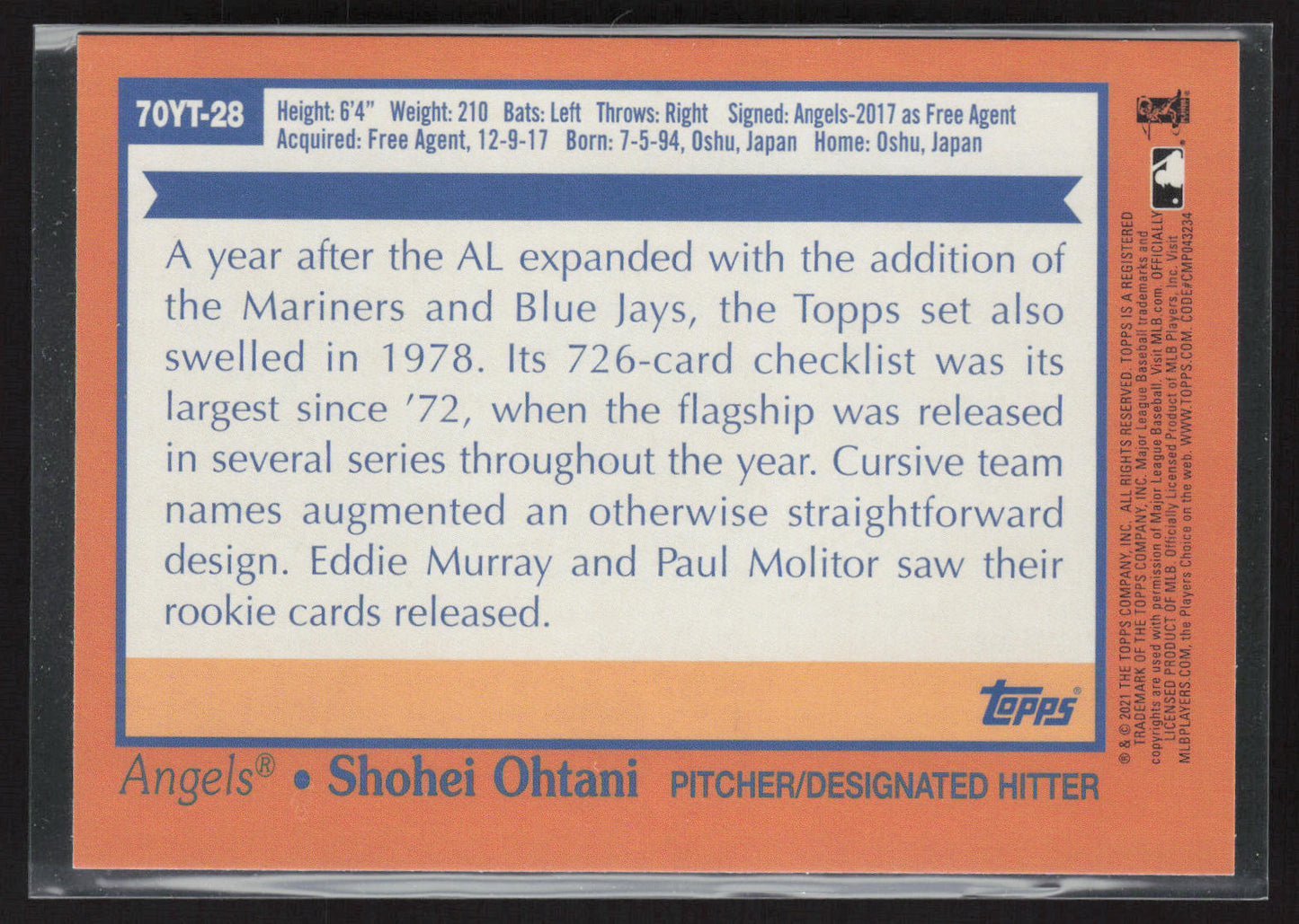 2021 Topps #70YT-28 Shohei Ohtani 70 Years of Topps Baseball (Series 1)