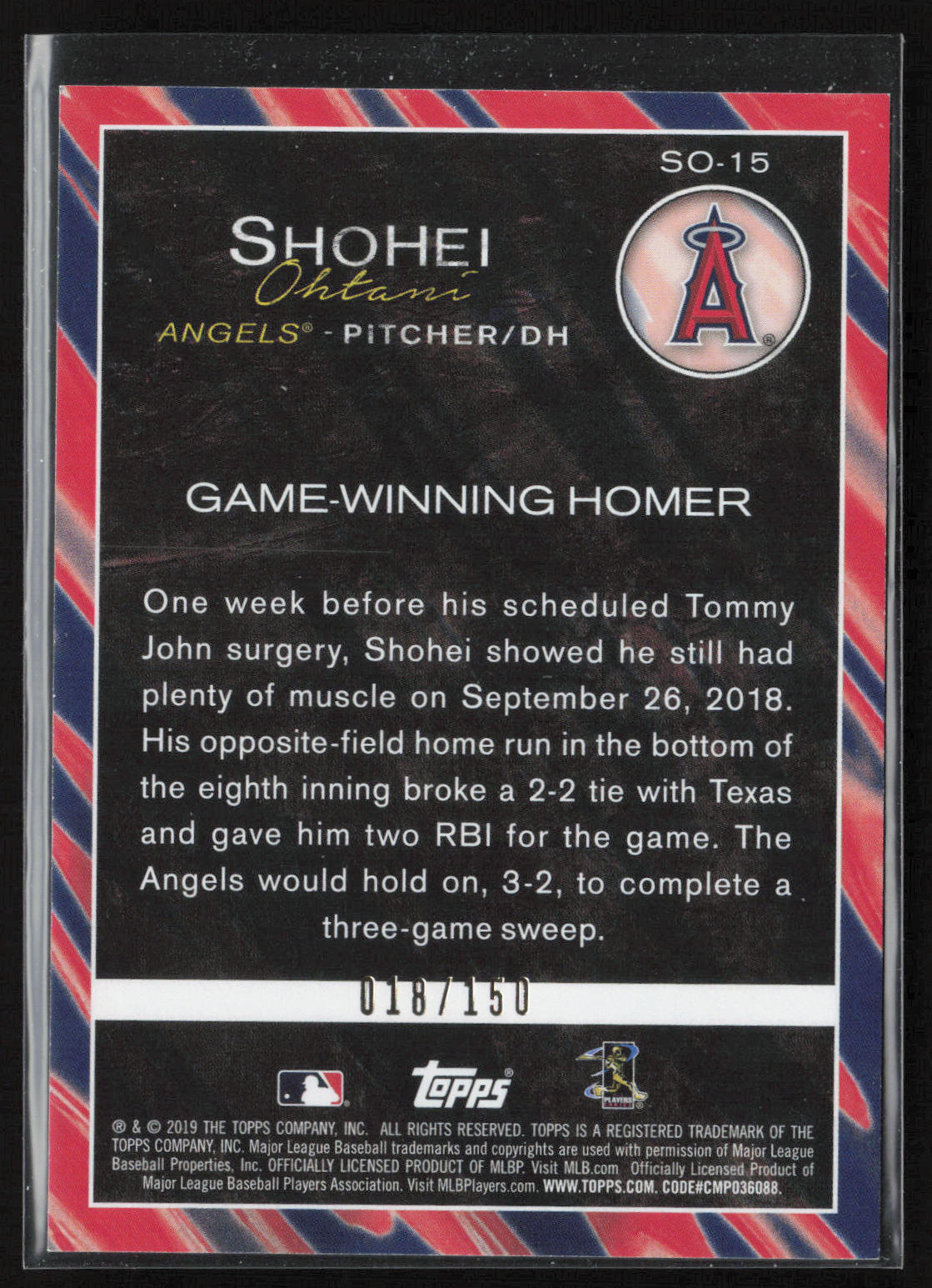 2019 Topps Update #SO-15 Shohei Ohtani Highlights 150th Anniversary #18 of 150
