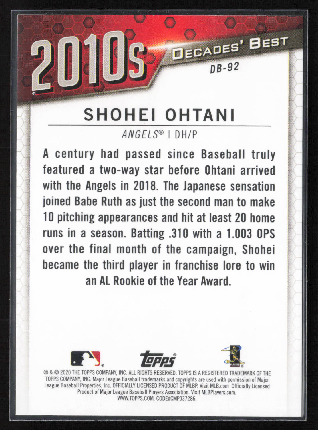 2020 Topps #DB-92 Shohei Ohtani Decades' Best (Series One)