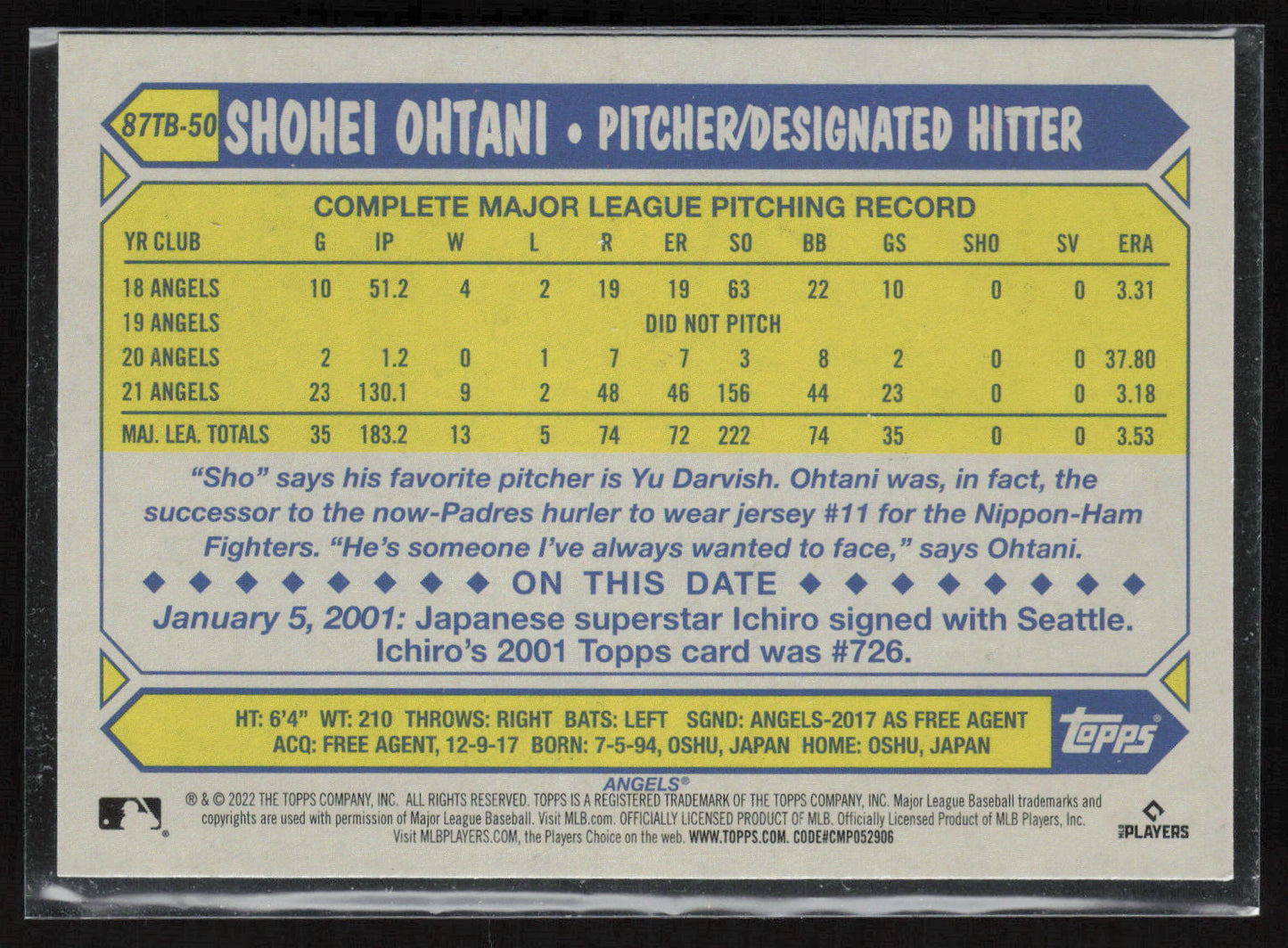 2022 Topps #87TB-50 Shohei Ohtani 1987 Topps 35th Anniversary (series 2)