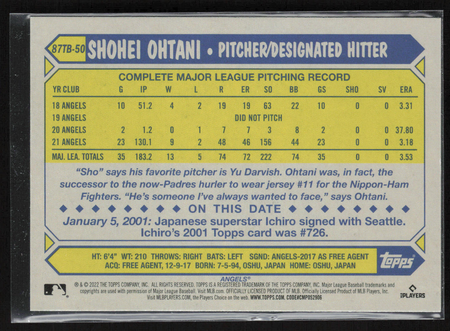 2022 Topps #87TB-50 Shohei Ohtani 1987 Topps 35th Anniversary (series two)