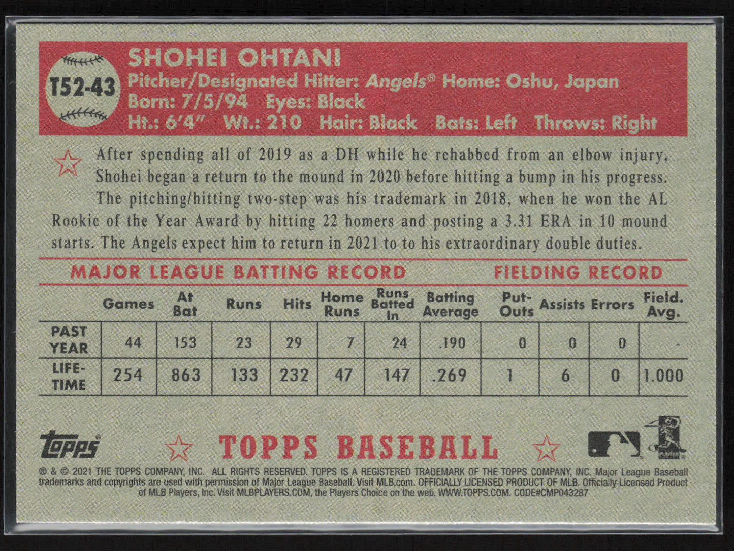 2021 Topps #T52-43 Shohei Ohtani 1952 Topps Redux