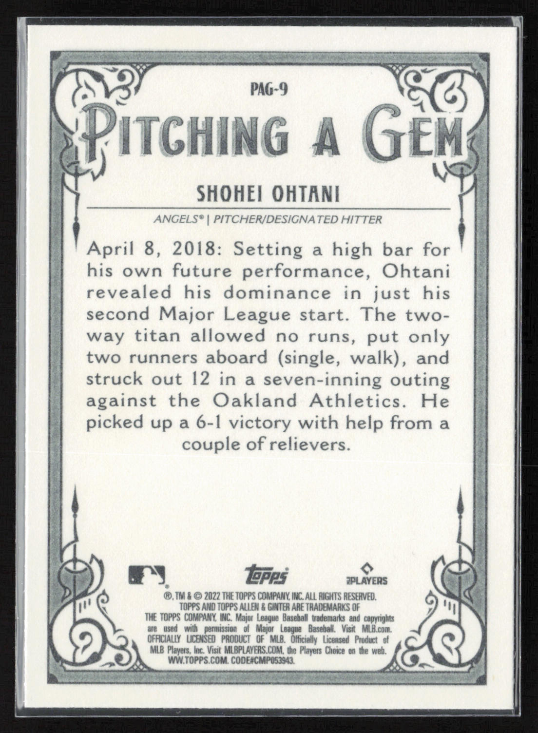 2022 Topps Allen & Ginter #PAG-9 Shohei Ohtani Pitching a Gem