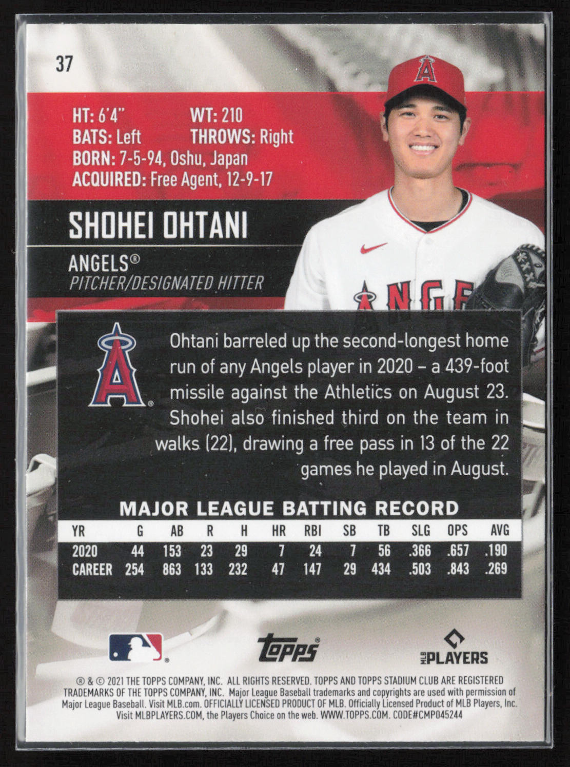 2021 Stadium Club #37 Shohei Ohtani