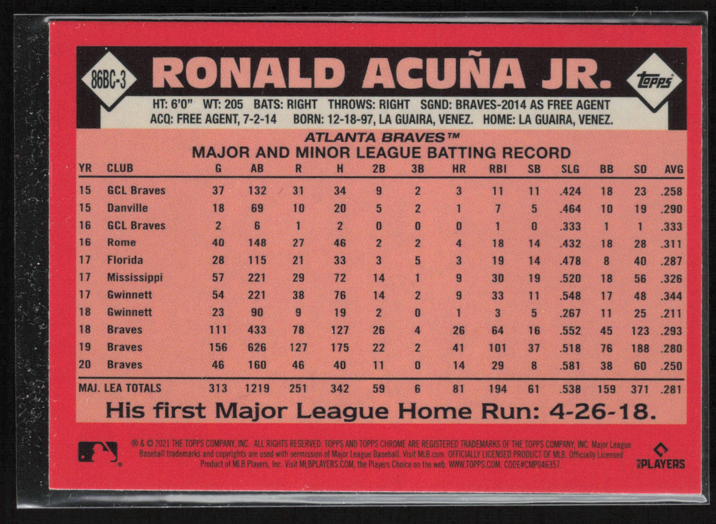 2021 Topps Chrome #86BC-3 Ronald Acuña Jr. 1986 Topps Baseball 35th Anniversary