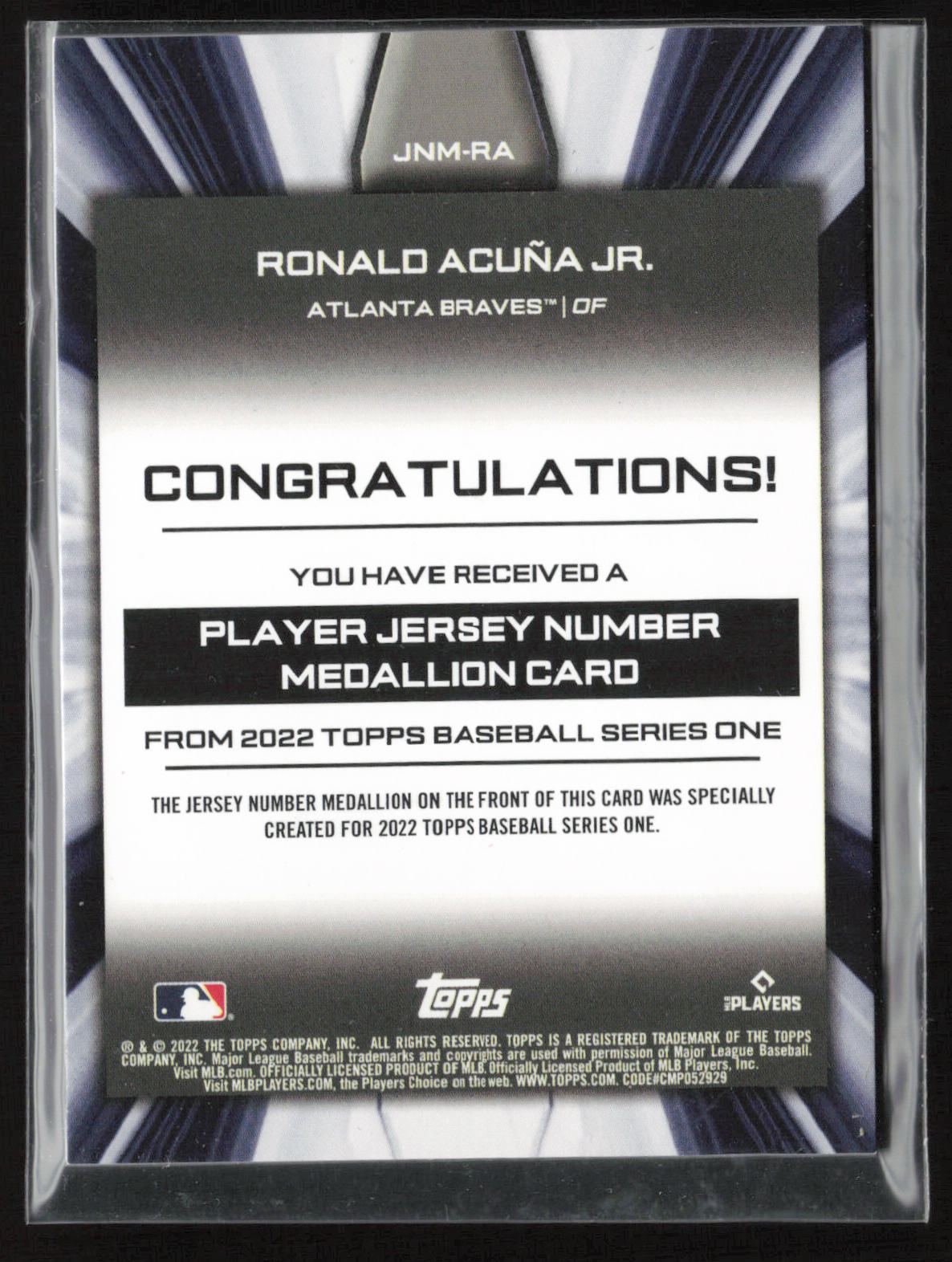 2022 Topps #JNM-RA Ronald Acuña Jr. Player Jersey Number Medallion