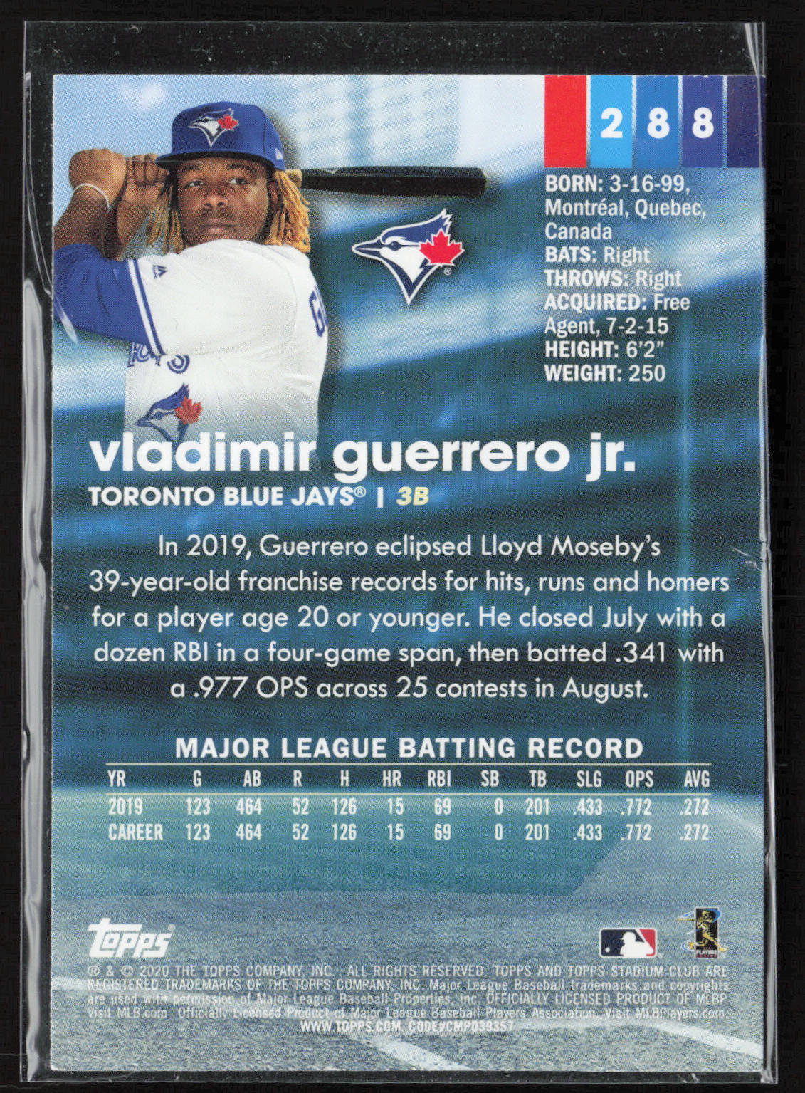 2020 Stadium Club #288 Vladimir Guerrero Jr.