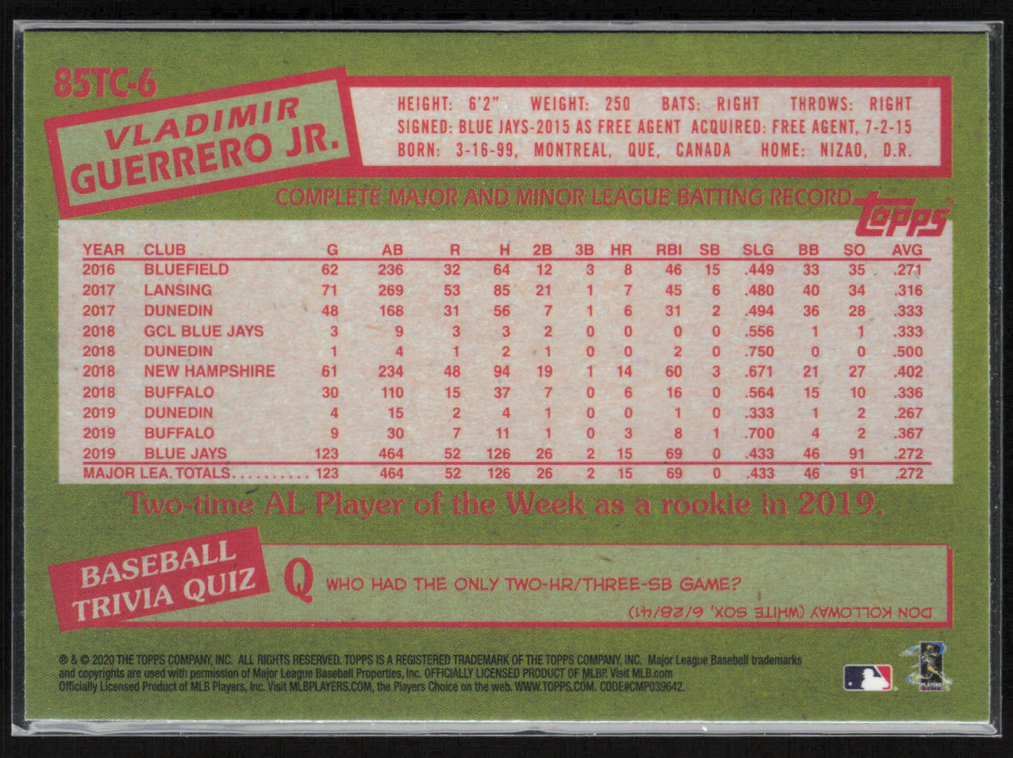 2020 Topps Chrome #85TC-6 Vladimir Guerrero Jr. 1985 Topps Baseball