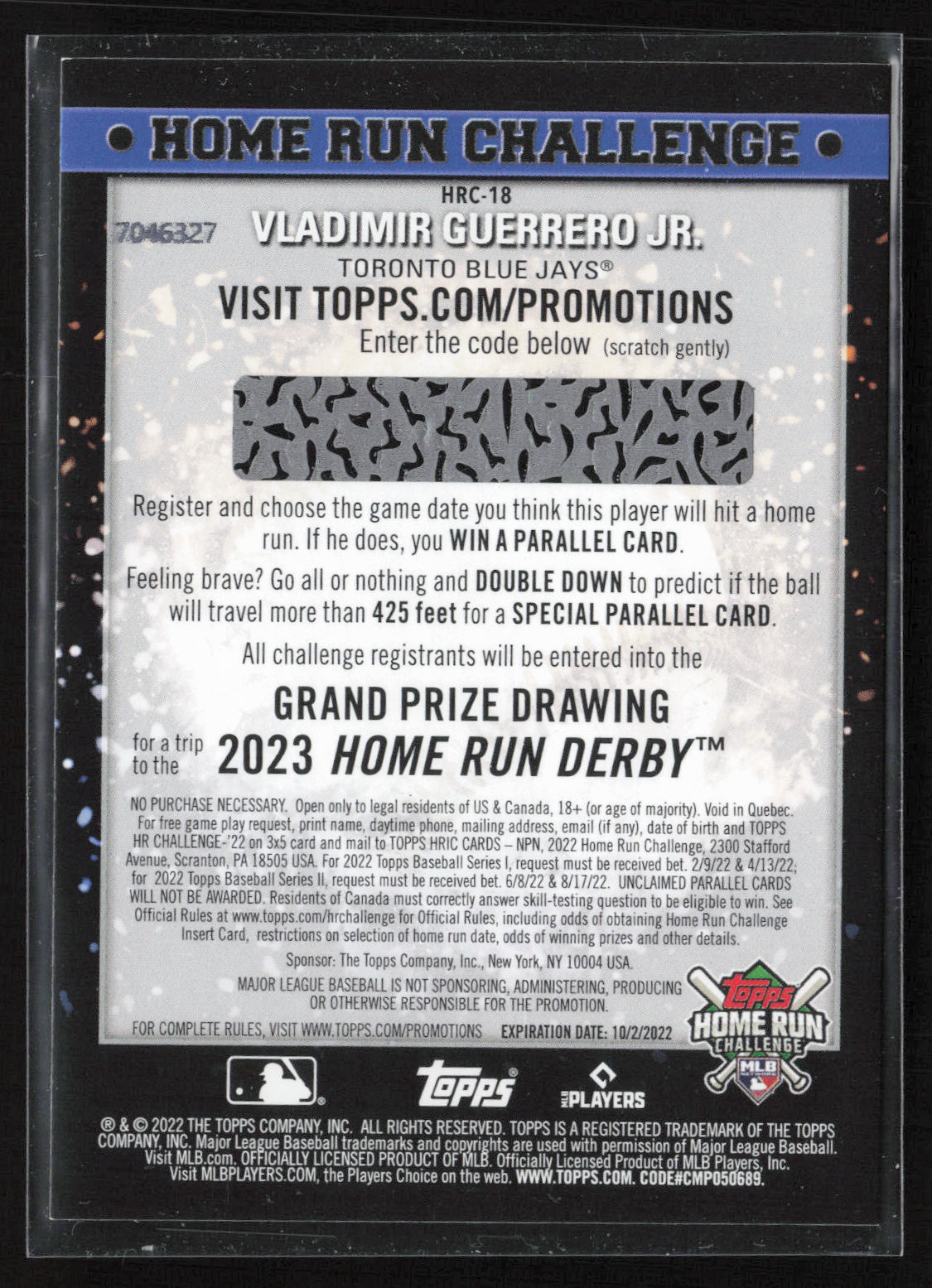 2022 Topps #HRC-18 Vladimir Guerrero Jr. Home Run Challenge Code Cards