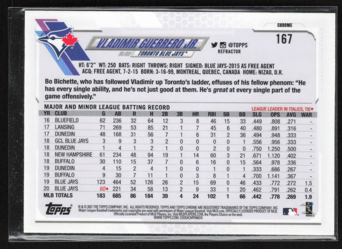 2021 Topps Chrome #167 Vladimir Guerrero Jr. Refractor