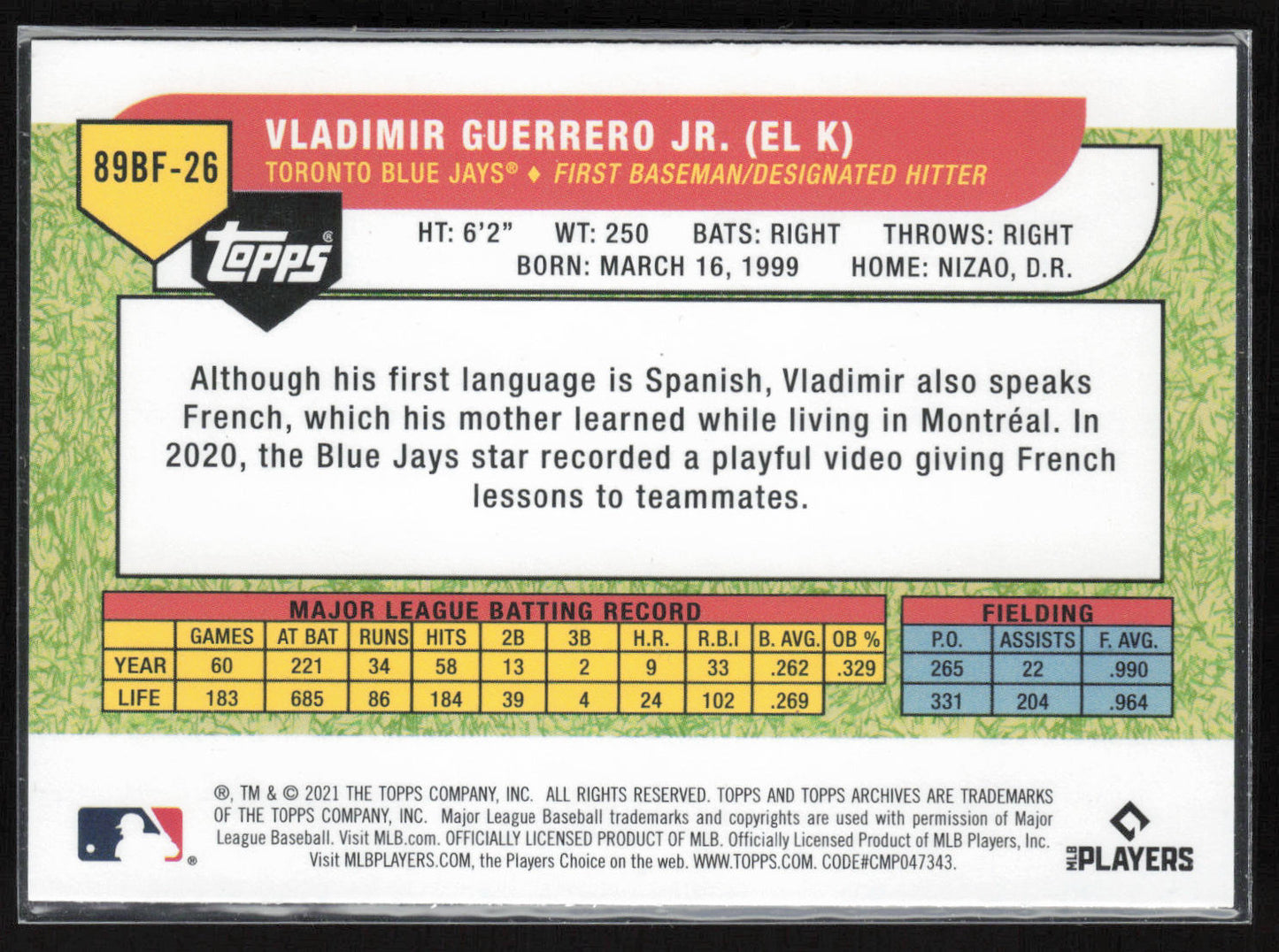2021 Topps Archives #89BF-26 Vladimir Guerrero Jr. 1989 Topps Big Foil