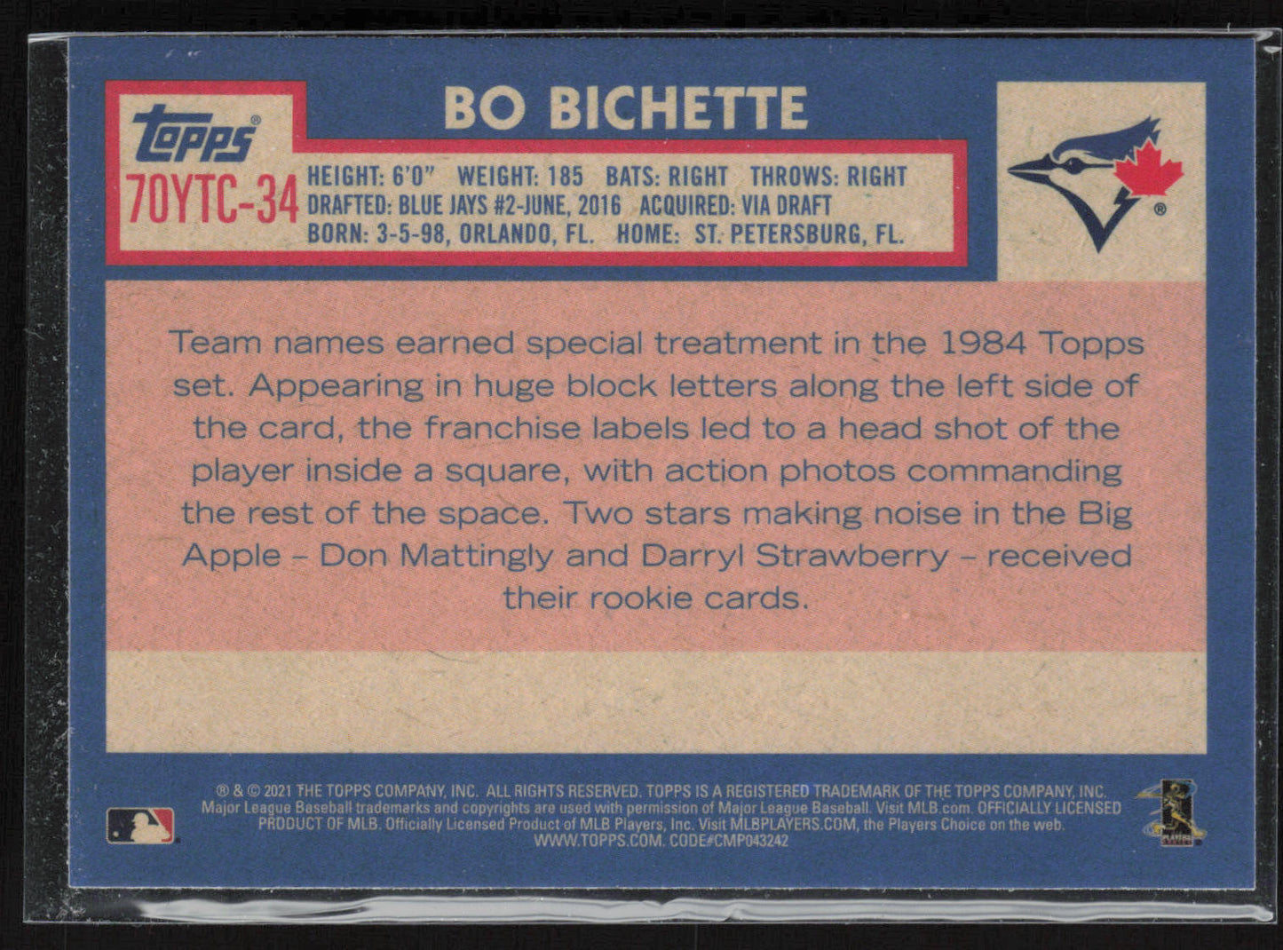 2021 Topps #70YTC-34 Bo Bichette 70 Years of Topps Baseball Chrome (Series 1)