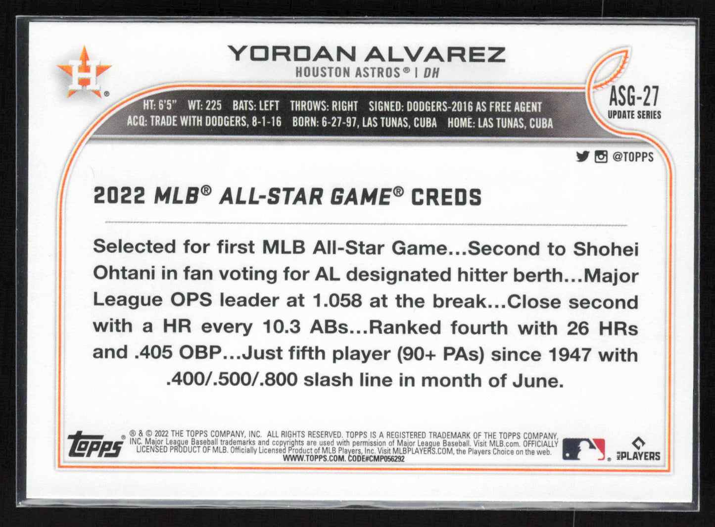 2022 Topps Update #ASG-27 Yordan Alvarez 2022 MLB All-Star Game