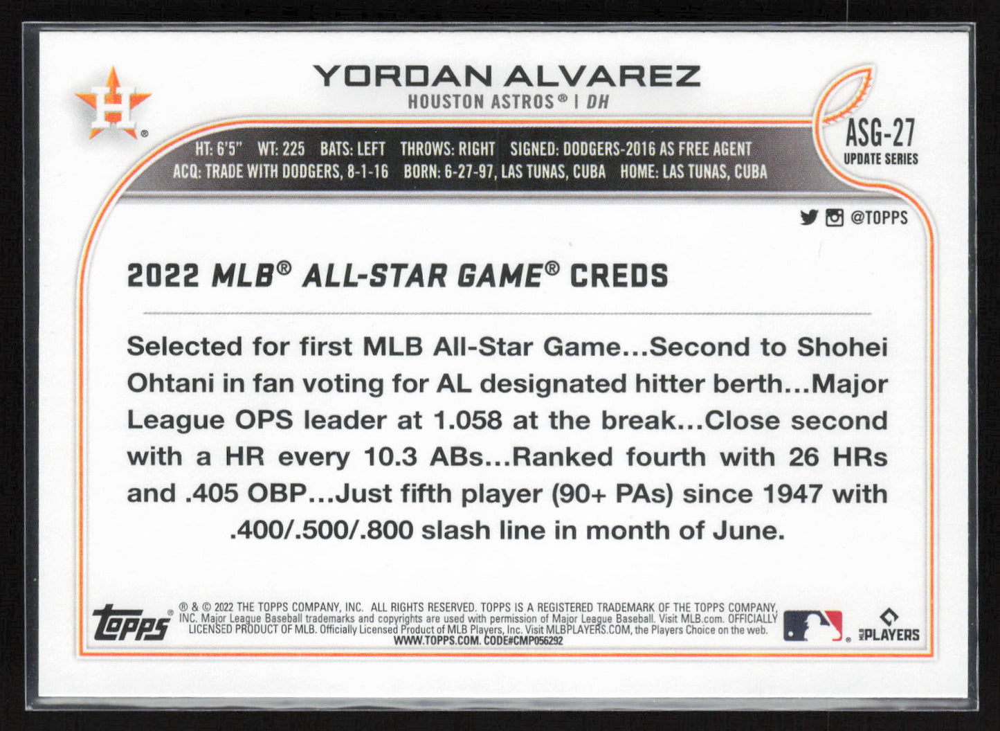 2022 Topps Update #ASG-27 Yordan Alvarez 2022 MLB All-Star Game Blue