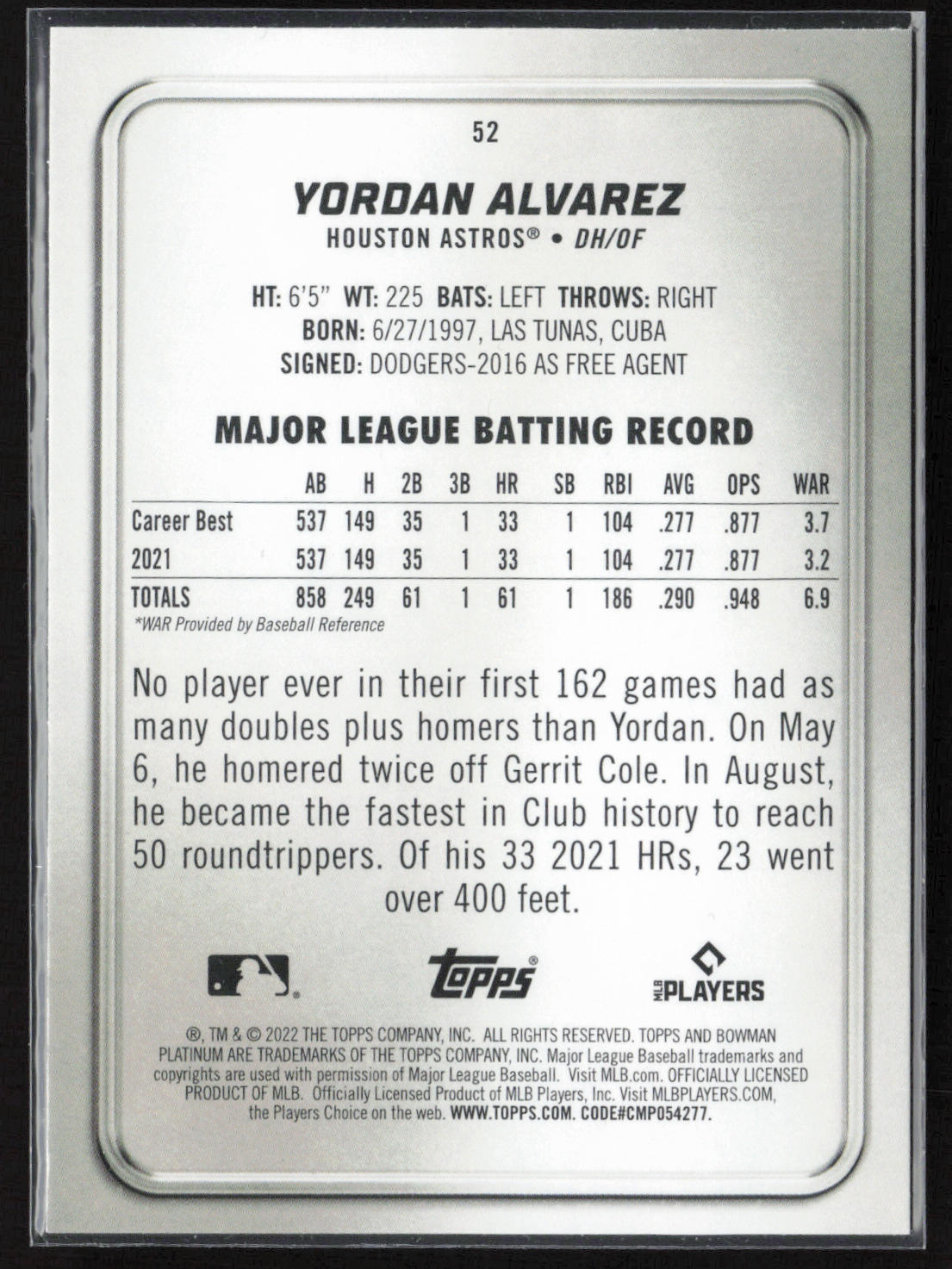 2022 Bowman Platinum #52 Yordan Alvarez
