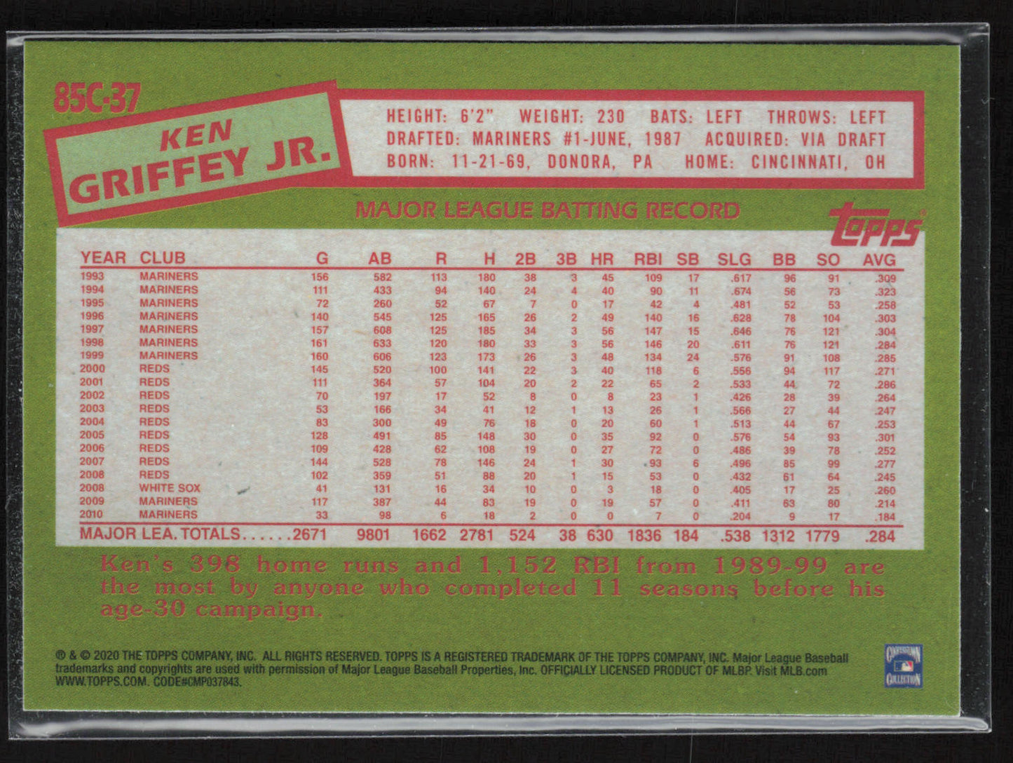 2020 Topps #85C-37 Ken Griffey Jr. 1985 Topps Chrome Silver
