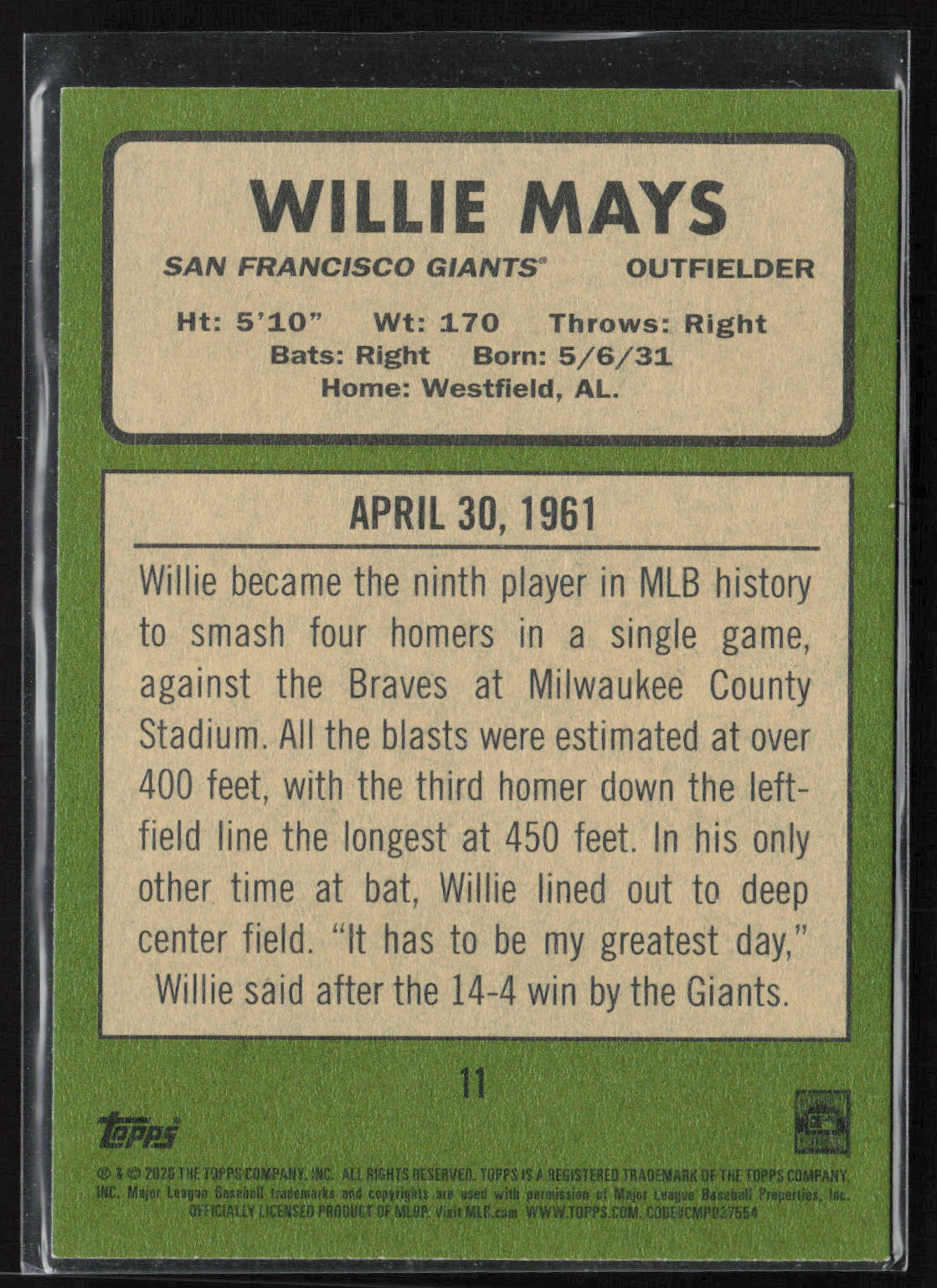 2020 Topps Heritage #11 Willie Mays 20 Giants Seasons