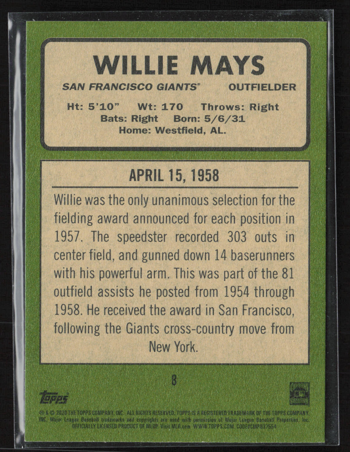 2020 Topps Heritage #8 Willie Mays 20 Giants Seasons