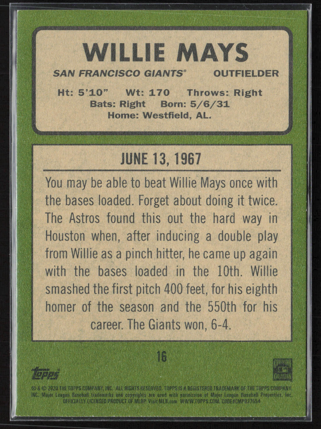2020 Topps Heritage #16 Willie Mays 20 Giants Seasons