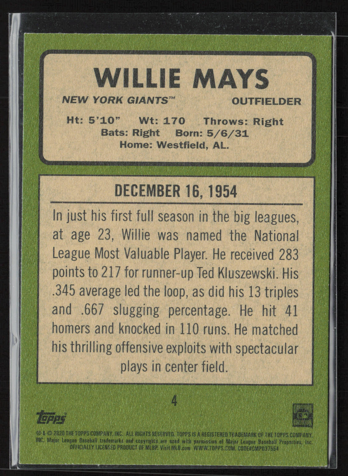 2020 Topps Heritage #4 Willie Mays 20 Giants Seasons