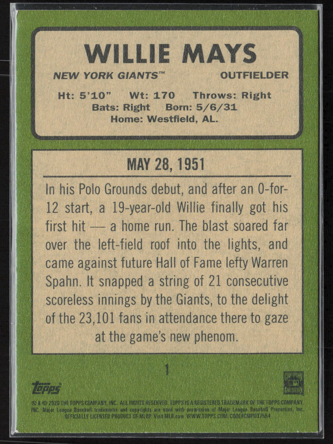 2020 Topps Heritage #1 Willie Mays 20 Giants Seasons