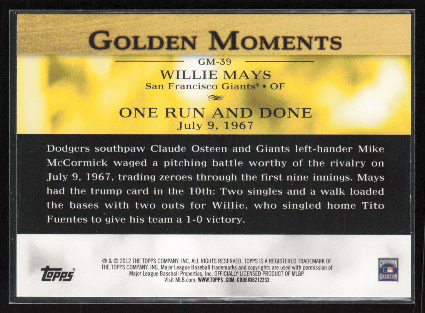 2012 Topps #GM-39 Willie Mays Golden Moments (Series 2)