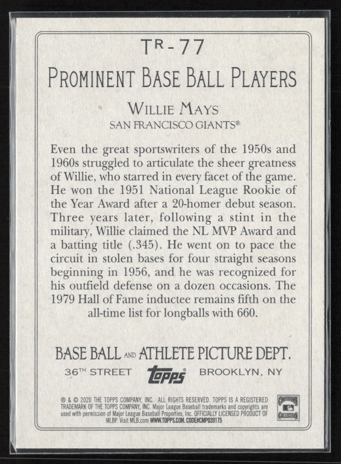 2020 Topps #TR-77 Willie Mays Turkey Red 2020 (Series 2)
