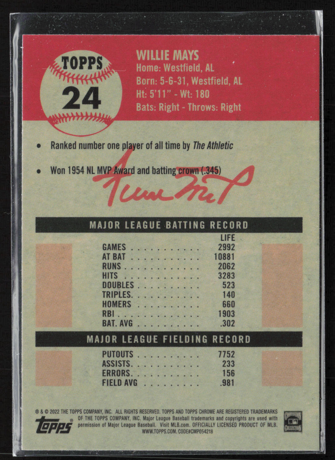 2022 Topps Chrome Platinum Anniversary #24 Willie Mays Blue Prism Refractor