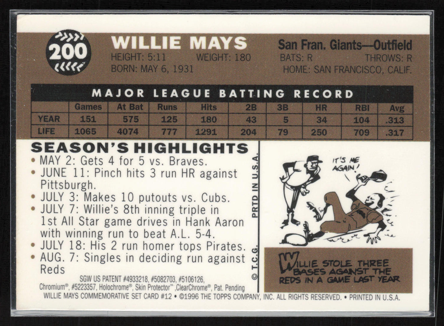 1996 Topps Finest #12 Willie Mays Commemorative Set 1960