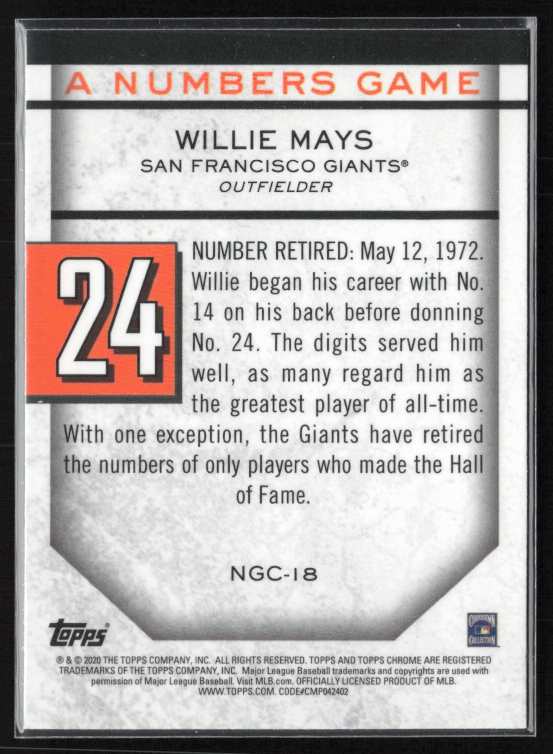 2020 Topps Update #NG-18 Willie Mays A Numbers Game