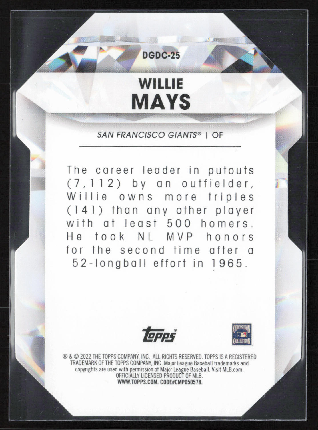 2022 Topps Chrome Update #DGC-25 Willie Mays Diamond Greats Die Cuts