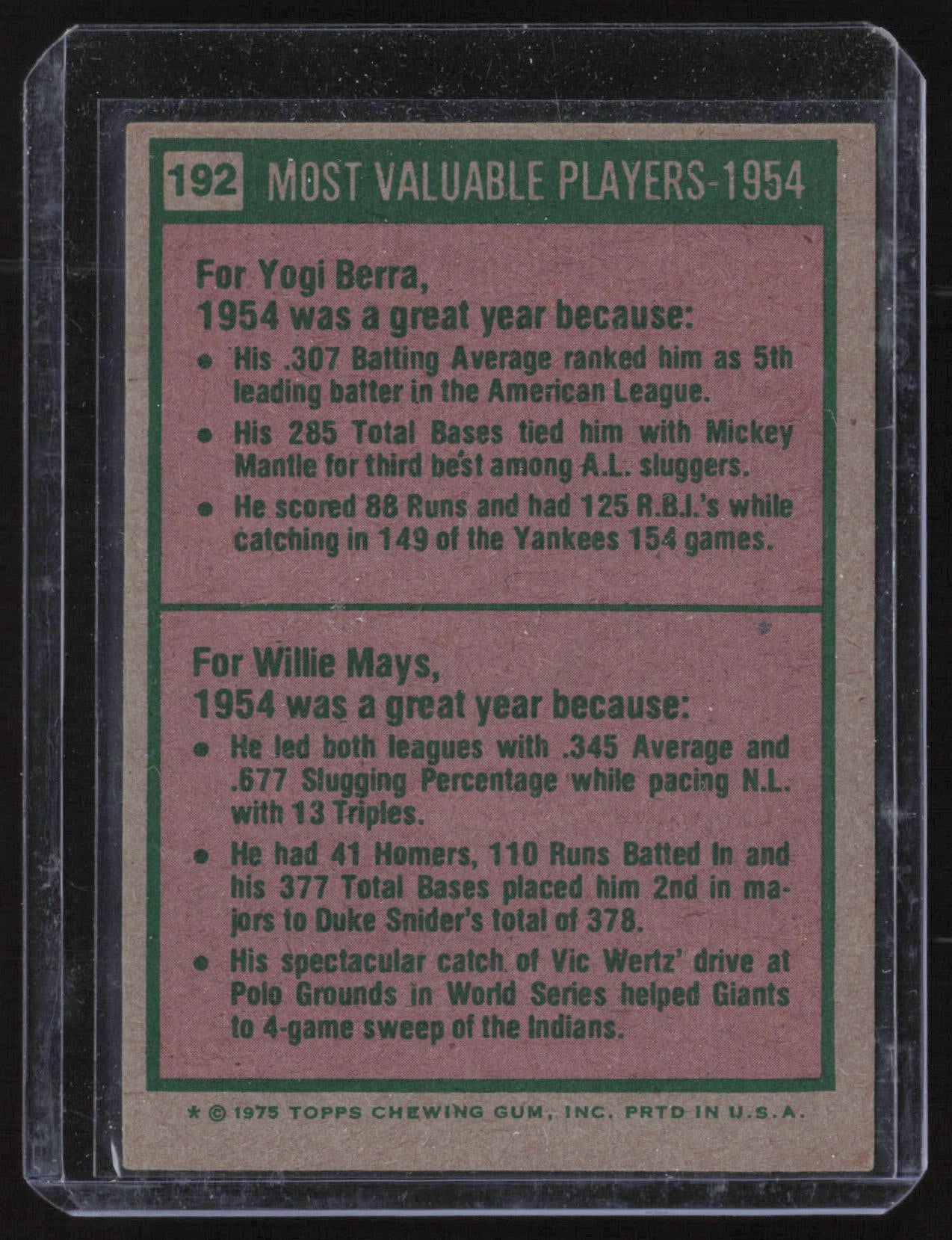 1975 Topps #192 1954 MVPs (Yogi Berra / Willie Mays)
