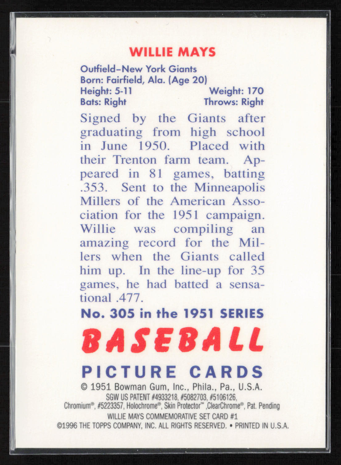 2013 Bowman Chrome #305 Willie Mays Rookie Reprint