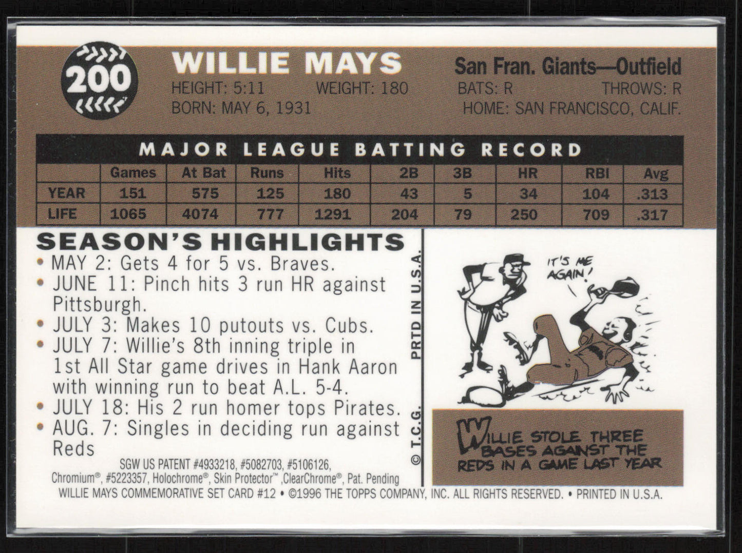 Topps Finest #12 Willie Mays Commemorative Set 1960 Reprint