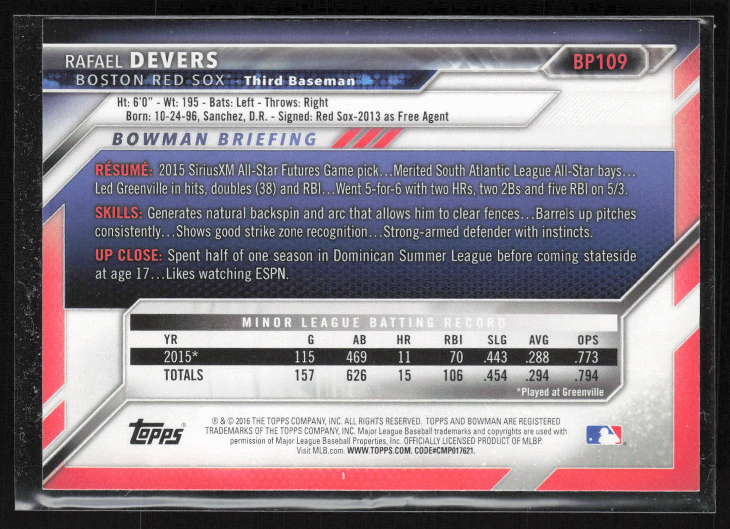 2016 Bowman #BP109 Rafael Devers Prospects