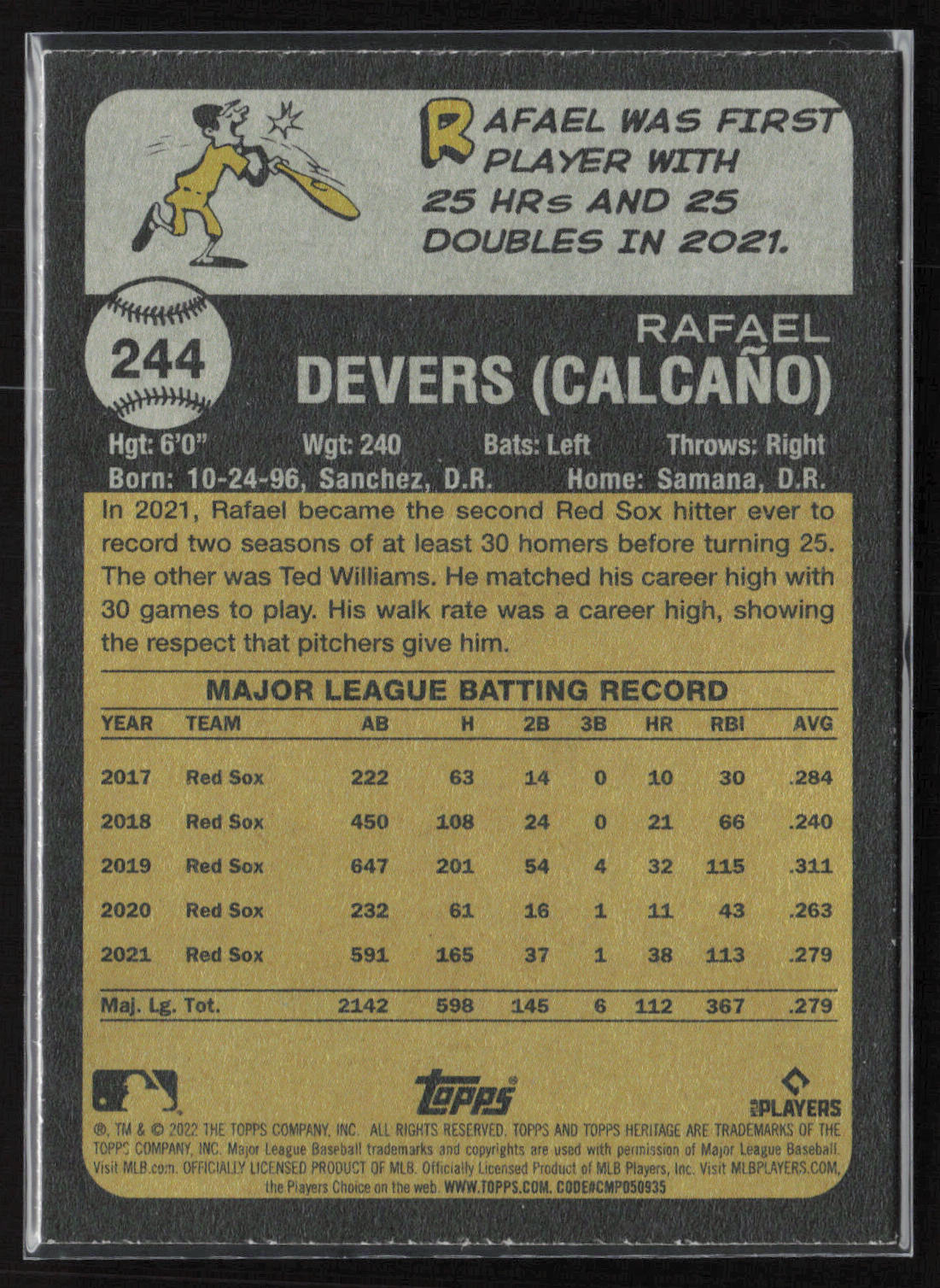 2022 Topps Heritage #244 Rafael Devers Chrome Purple Refractor