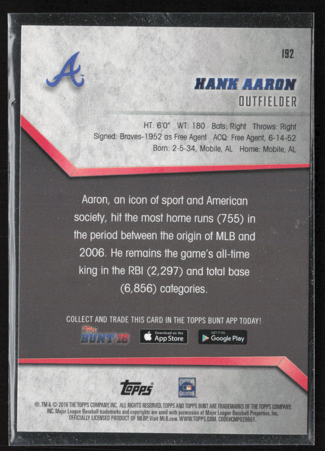 2016 Topps Bunt #192 Hank Aaron