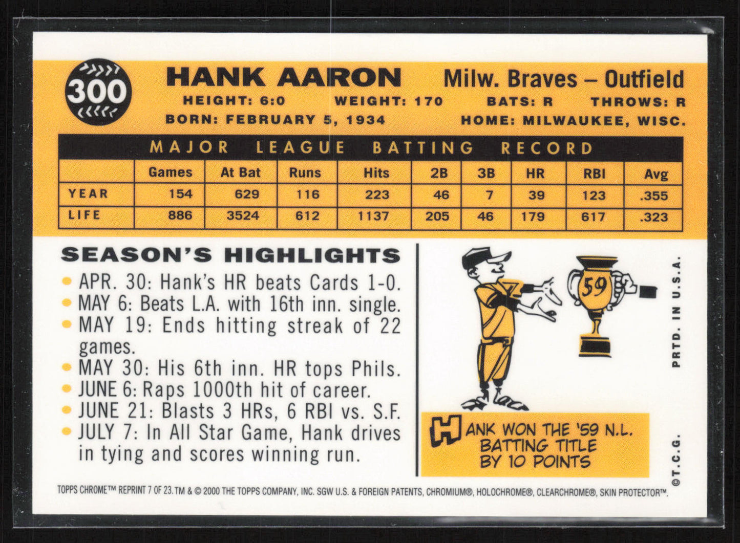 2000 Topps #7 Hank Aaron Hank Aaron Chrome