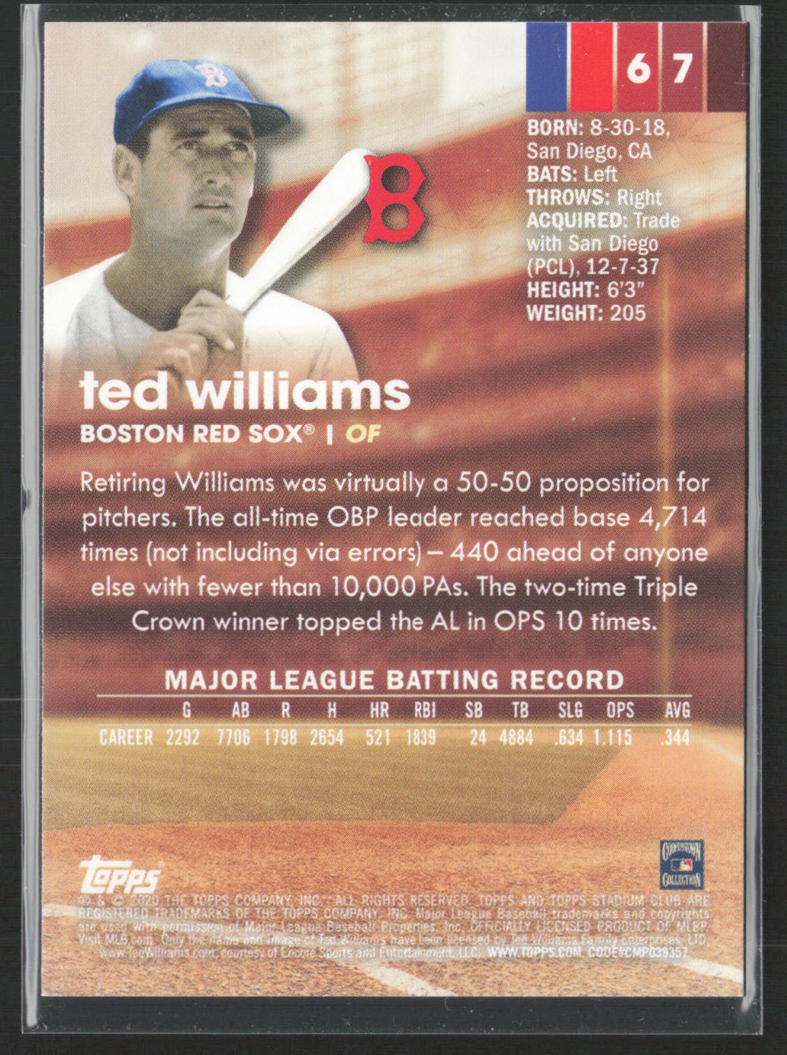 2020 Stadium Club #67 Ted Williams