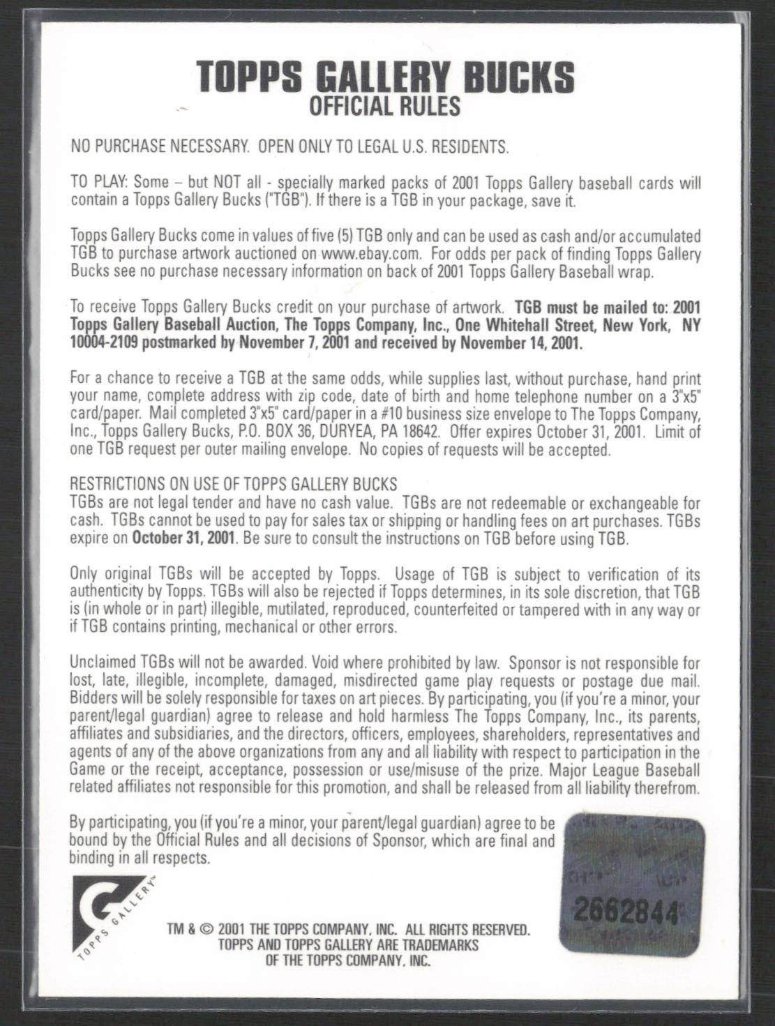 2001 Topps Gallery #NNO Johnny Bench Bucks