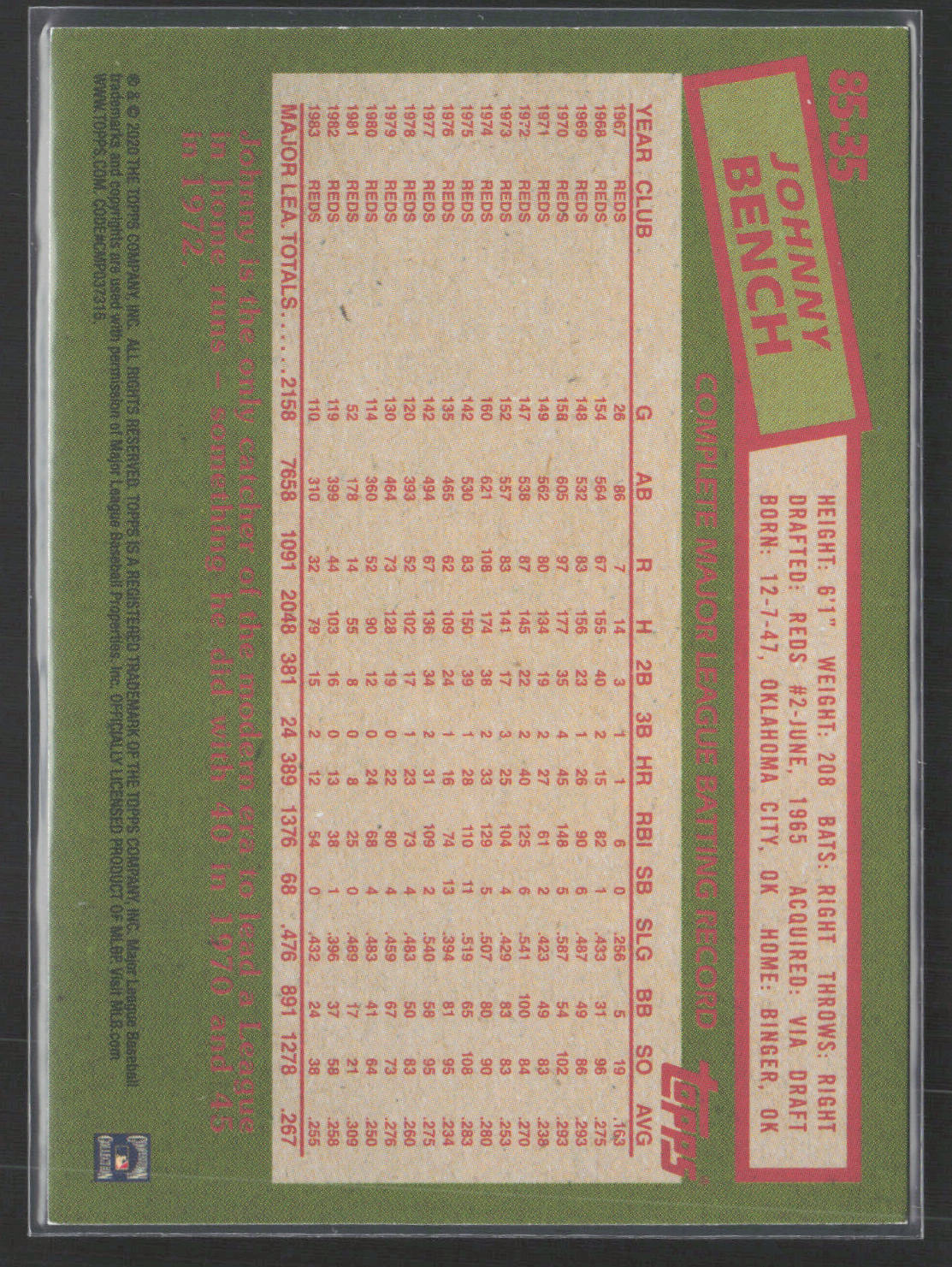 2020 Topps #85-35 Johnny Bench 1985 Topps Baseball 35th Anniversary (Series One)