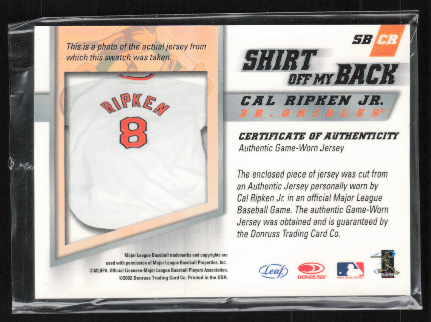 2002 Leaf #SBCR Cal Ripken Jr. Shirt Off My Back